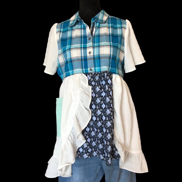 Upcycled Tops - Upcycled Flowy Boho Patchwork Tunic, Size M: Ruffled Hippie Blouse, Bell Sleeves